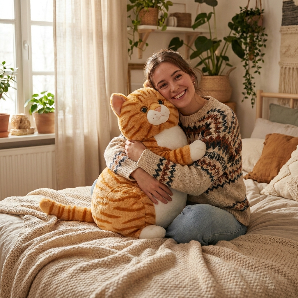 Person hugging Giant Orange Cat Plush — MOKOO giant plush