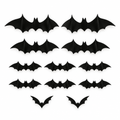 Twelve black 3D bat wall stickers in four sizes on a white background