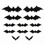 Twelve black 3D bat wall stickers in four sizes on a white background