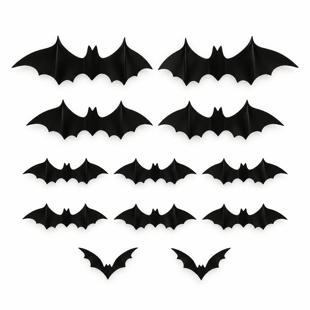 Twelve black 3D bat wall stickers in four sizes on a white background