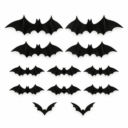Twelve black 3D bat wall stickers in four sizes on a white background