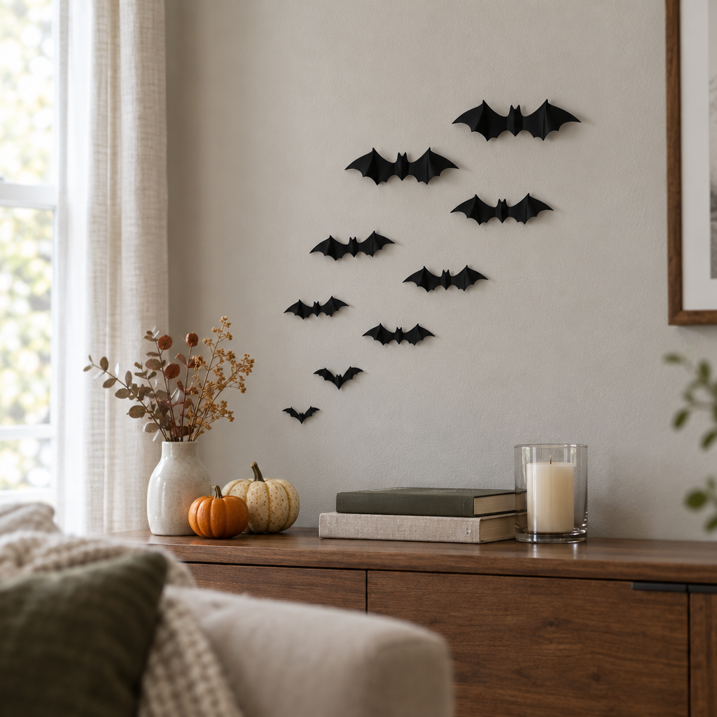 Black 3D bat stickers flying across a gray living room wall above pumpkins