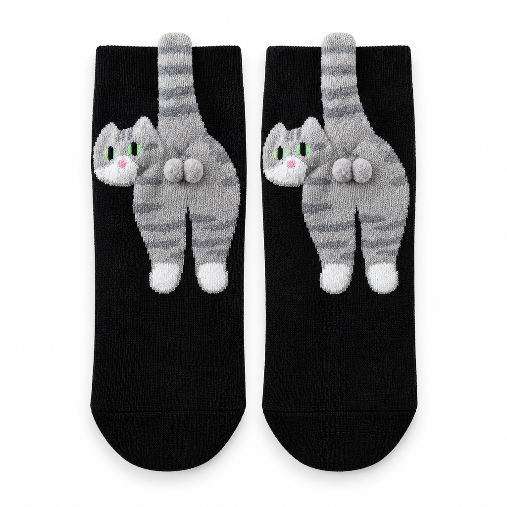 Black socks with a 3D gray tabby cat on a white background