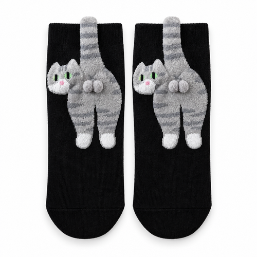 Black socks with a 3D gray tabby cat on a white background