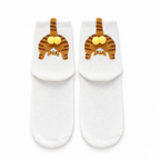 White socks with a 3D ginger cat peeking between its legs on a white background