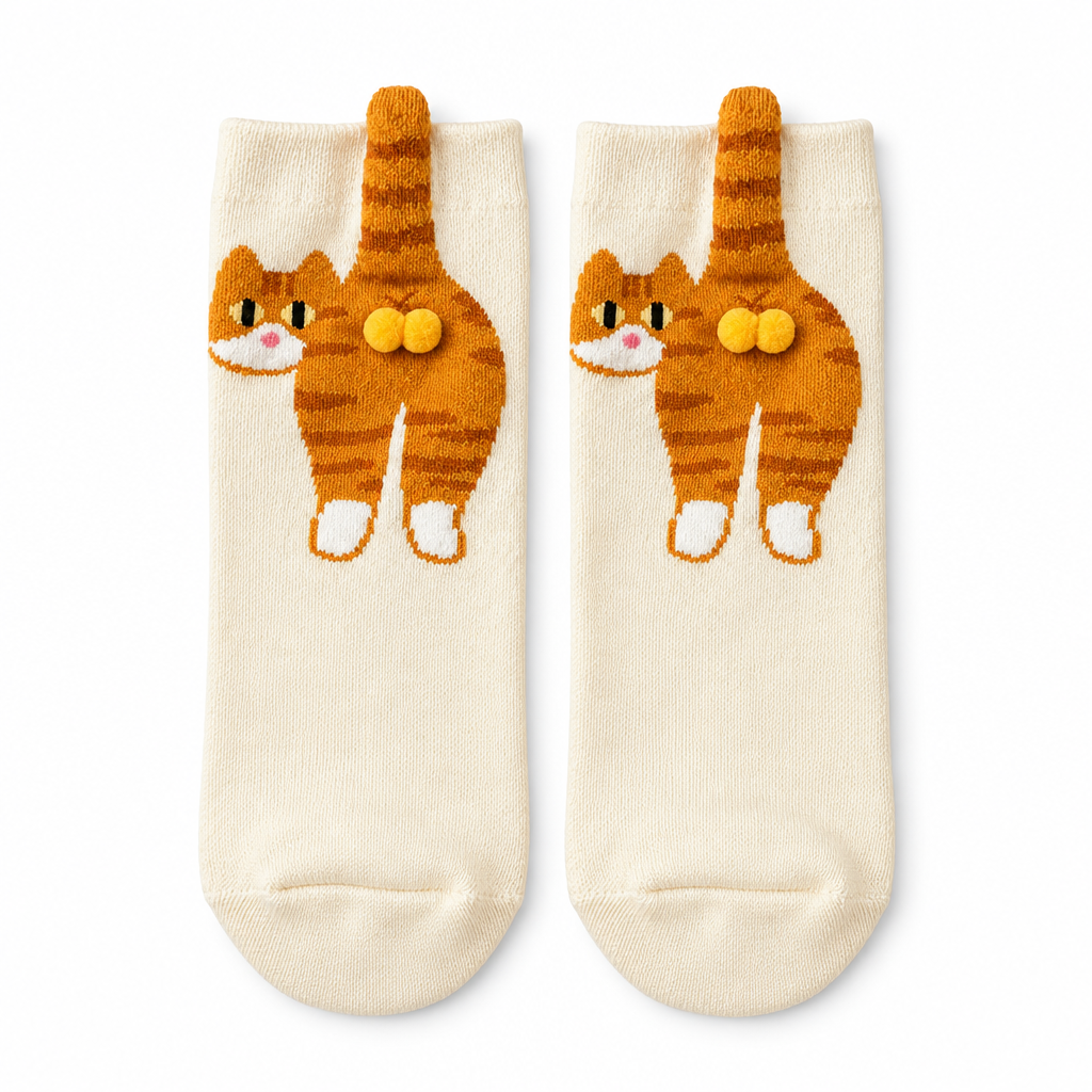 Cream socks with a 3D ginger tabby cat on a white background