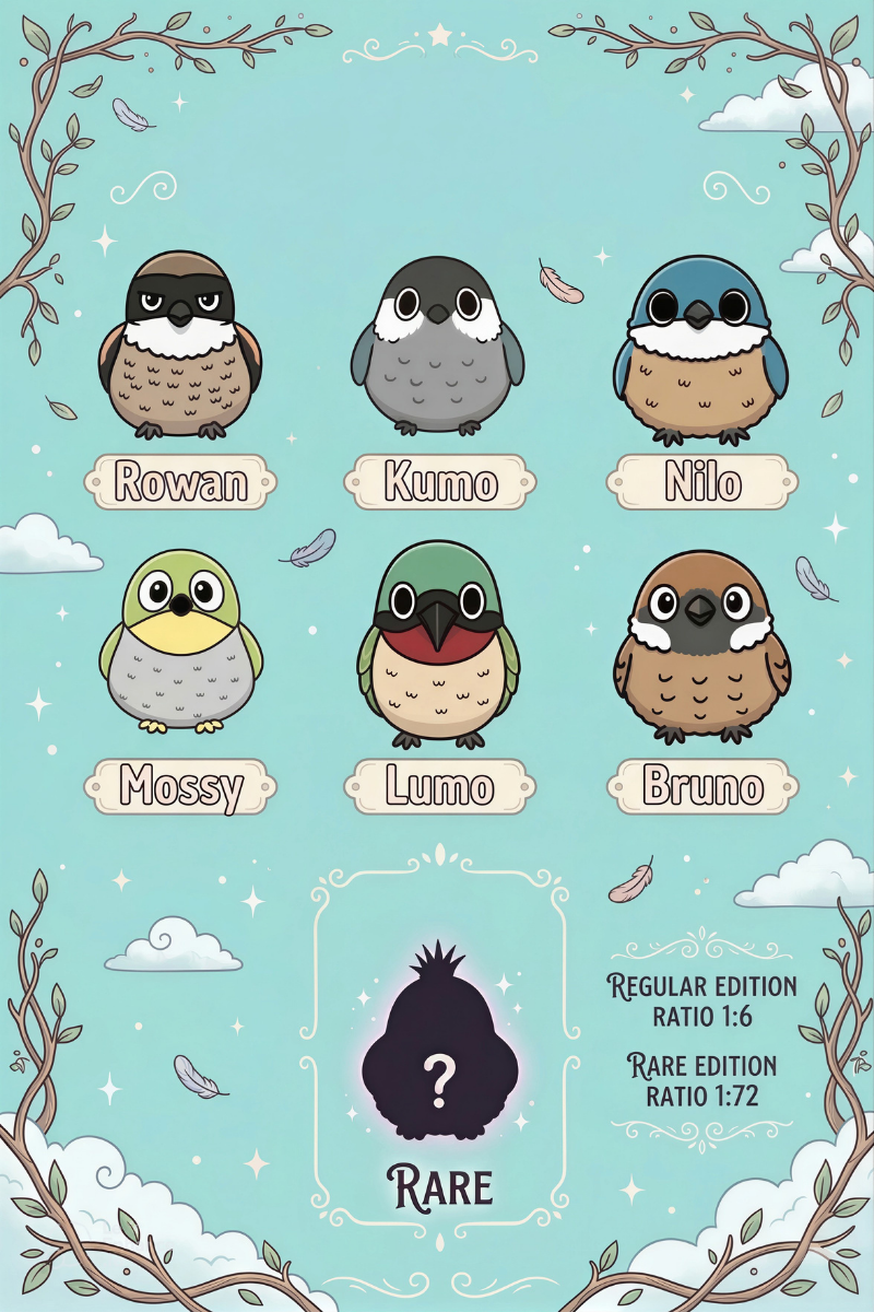 Mokoo™ | Feather Friends Blind Box — all bird characters displayed by MOKOO