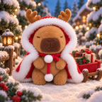 Deery, the Christmas Capy in a red reindeer cape, in a snowy Christmas forest