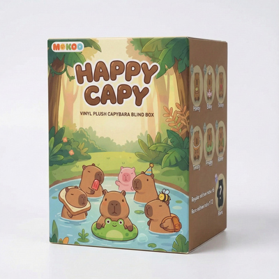 Box packaging for 'Happy Capy' vinyl plush capybara with cartoon illustration on a white background