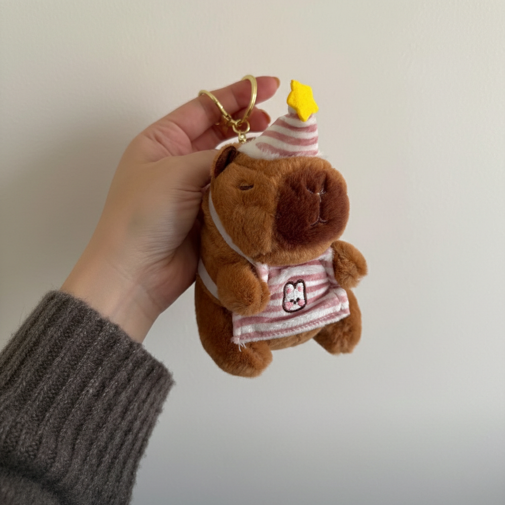 A MOKOO plush friend held in a hand to show its real size