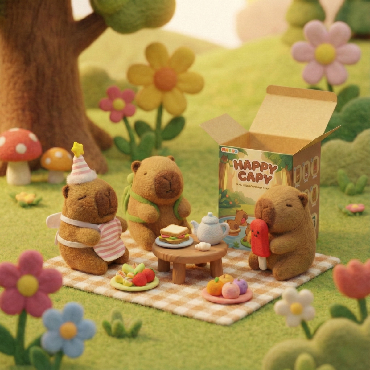 Happy Capy friends having a felt picnic around an opened blind box