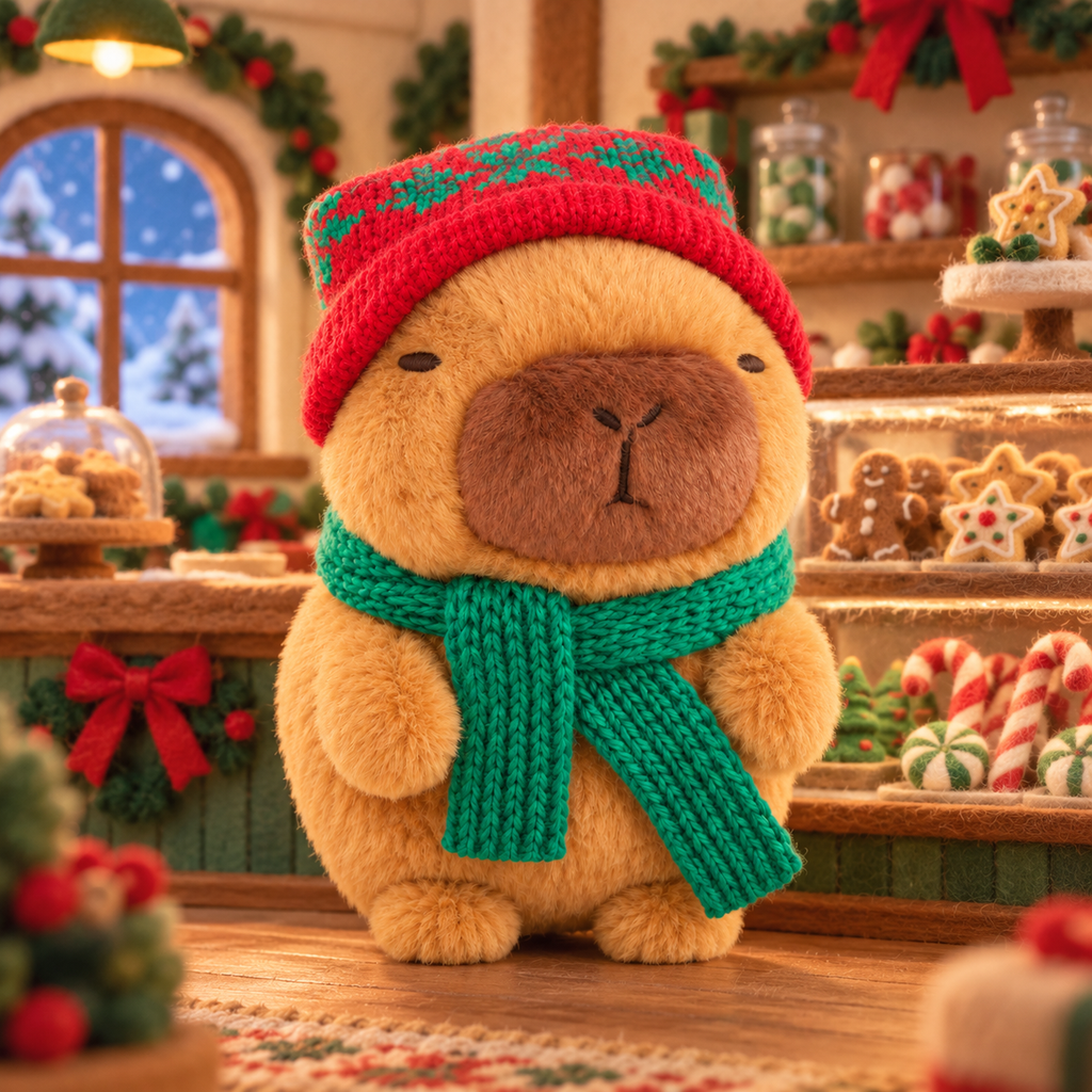 Minty, the Christmas Capy in a knit beanie and green scarf, in a Christmas bakery