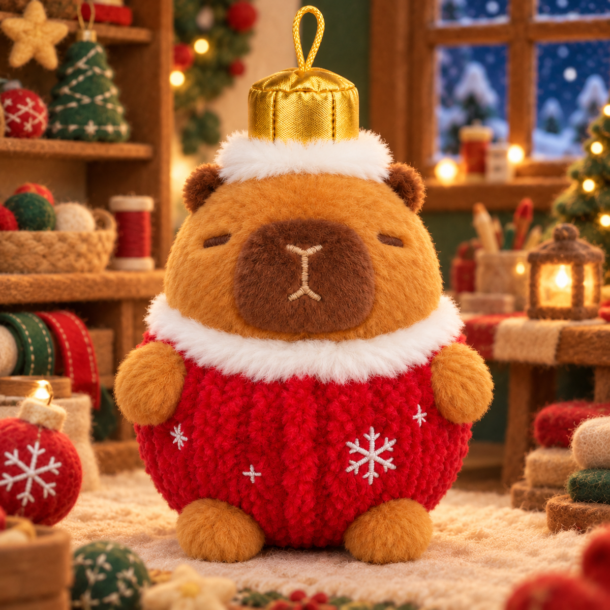 Ornie, the rare Christmas Capy shaped like a red Christmas ornament with a gold cap