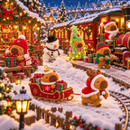 All 7 Christmas Capy plush friends at the snowy Christmas train station
