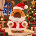 Santa Capy in a red Santa coat and hat by the Christmas tree