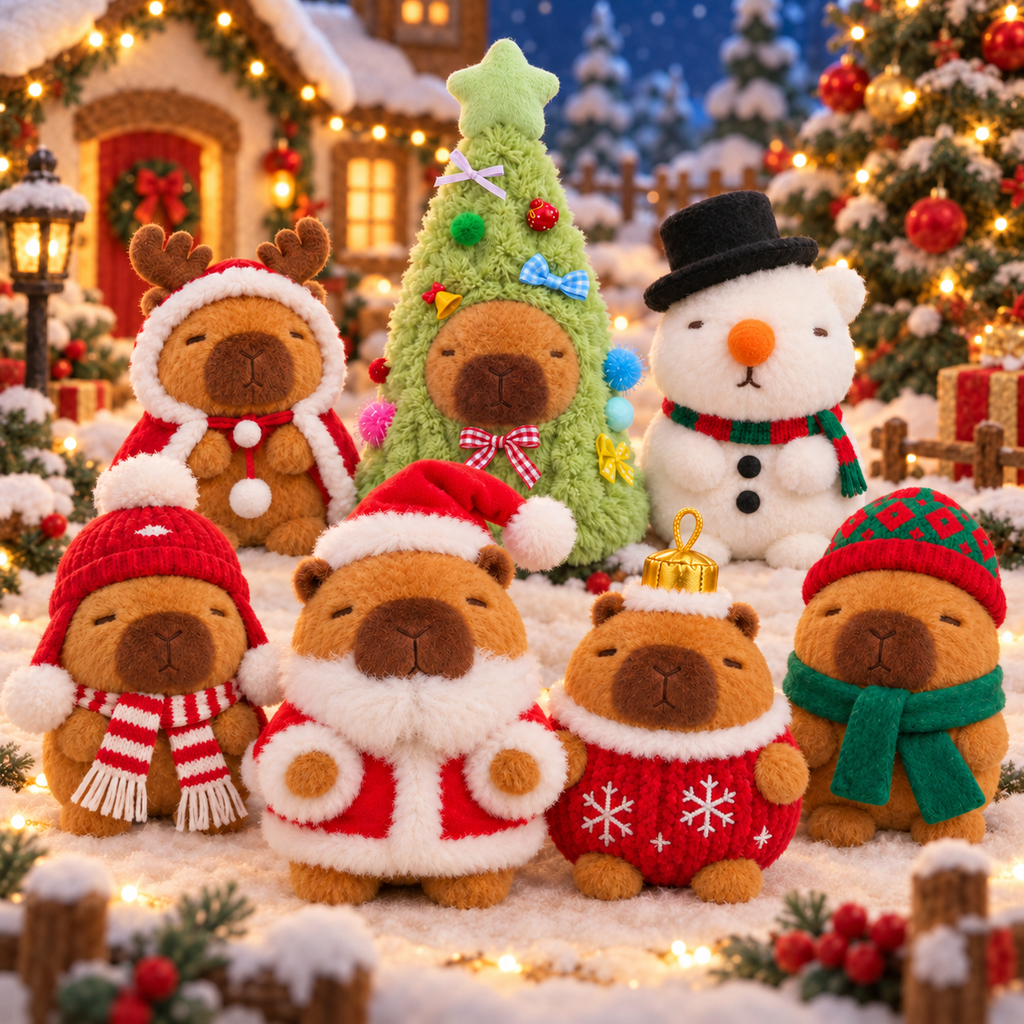 The 7 Christmas Capy plush friends together in the snow