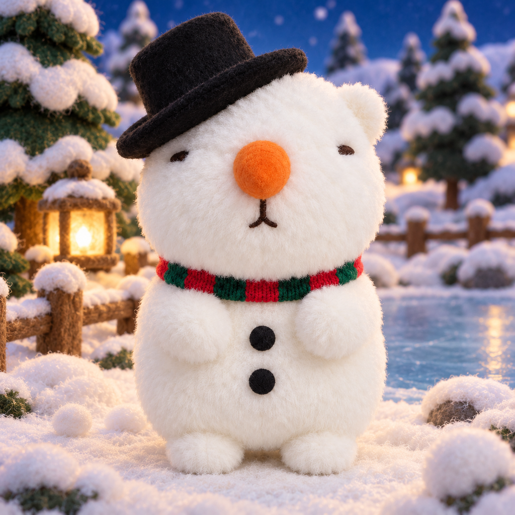 Snowbara, the snowman Christmas Capy with a top hat and carrot nose, in a winter garden