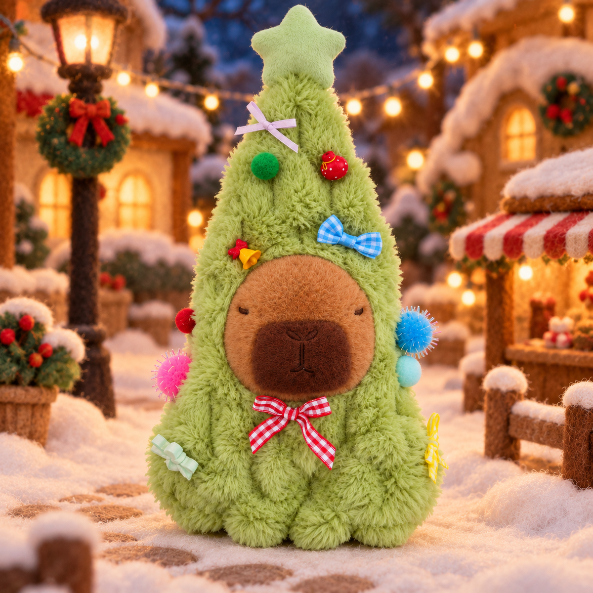 Treesa, the Christmas Capy dressed as a fuzzy Christmas tree, in a snowy village square