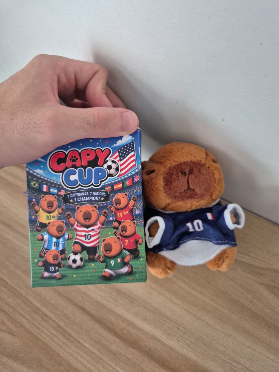 A MOKOO plush friend held in a hand to show its real size
