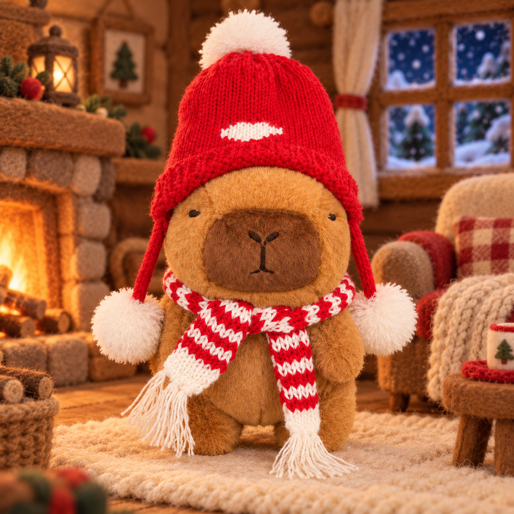 Woolly, the Christmas Capy in a red pompom beanie and striped scarf, in a cozy winter cabin