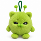 Fuzzy lime-green alien cat bag charm on a white background