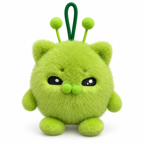 Fuzzy lime-green alien cat bag charm on a white background