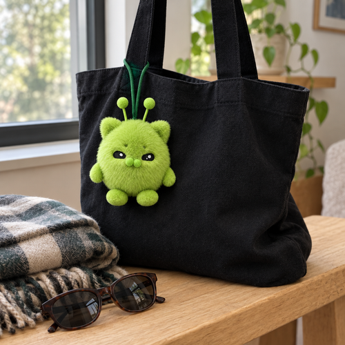 Green alien cat bag charm hanging from a black tote bag handle