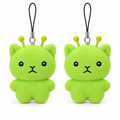 Two lime green alien cat plush keychains on a white background