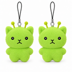Two lime green alien cat plush keychains on a white background