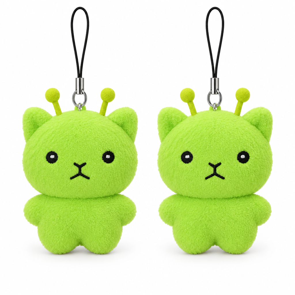 Two lime green alien cat plush keychains on a white background