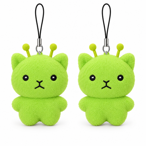 Two lime green alien cat plush keychains on a white background