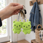 Two green alien cat keychains on house keys held in a hand