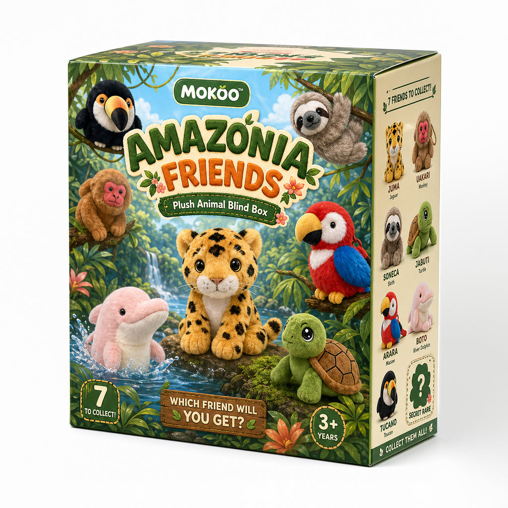 MOKOO Amazonia Friends plush animal blind box — jaguar, river dolphin, macaw, turtle, sloth, monkey and toucan
