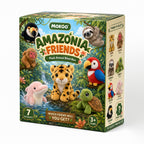 MOKOO Amazonia Friends plush animal blind box — jaguar, river dolphin, macaw, turtle, sloth, monkey and toucan