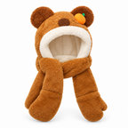 Brown capybara plush hood hat with scarf and mittens on a white background