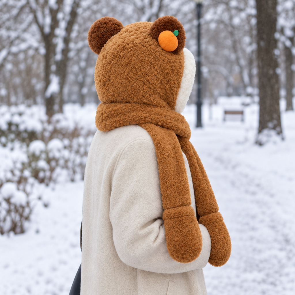 Adult wearing a brown capybara hood hat with scarf and mittens on a snowy path