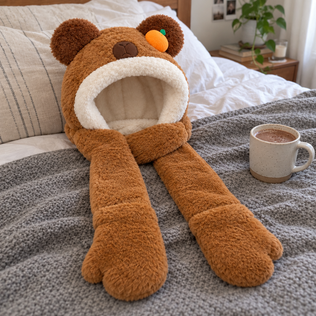 Brown capybara hood hat with its scarf and mittens laid out on a bed