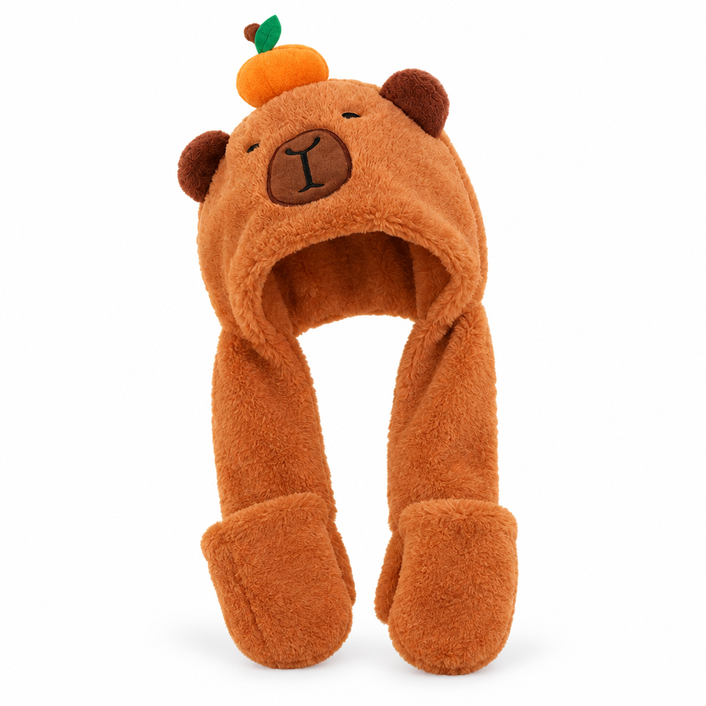 Orange capybara plush hood hat with a long scarf on a white background