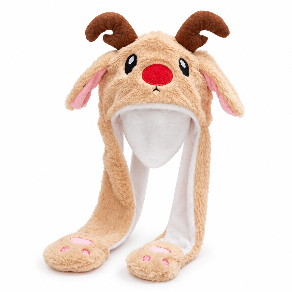 Beige reindeer plush hood hat with antlers and a red nose on a white background