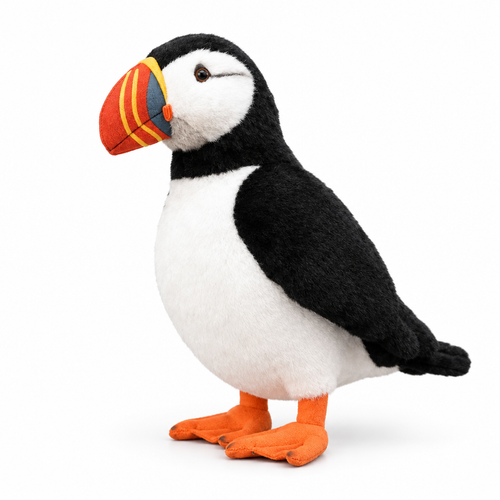 Lifelike Atlantic puffin plush with an orange striped beak on a white background