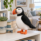 Atlantic puffin plush standing on a white bookshelf next to books and a succulent