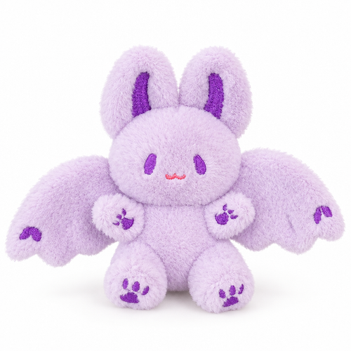 Lavender bat bunny plush charm with fluffy wings on a white background