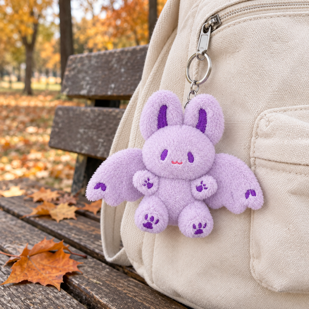 Lavender bat bunny charm hanging from a canvas backpack on an autumn park bench