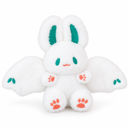 White bat bunny plush charm with teal accents on a white background