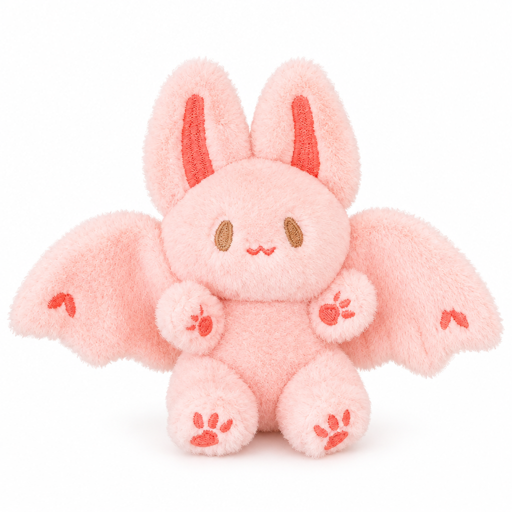 Peach pink bat bunny plush charm with coral accents on a white background