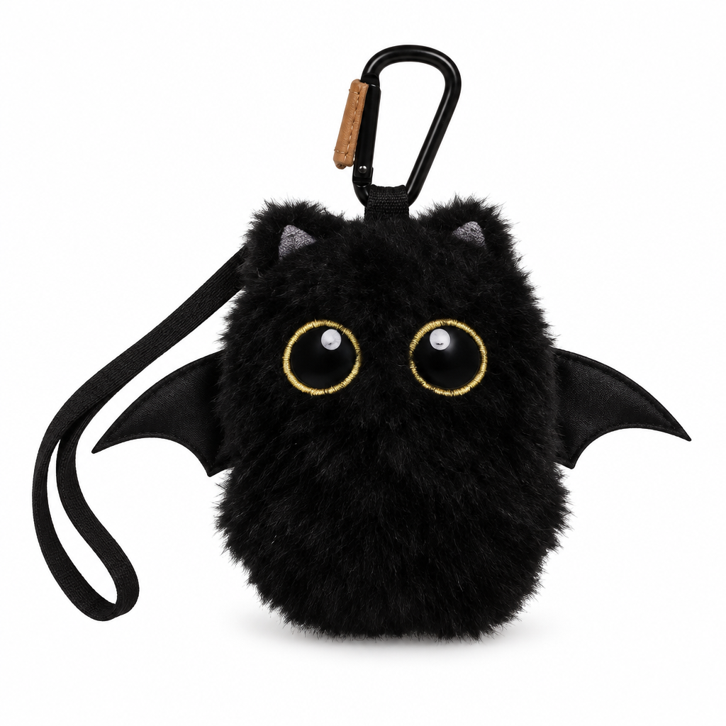 Fluffy black cat bag charm with bat wings and a black carabiner on a white background