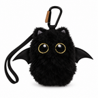 Fluffy black cat bag charm with bat wings and a black carabiner on a white background