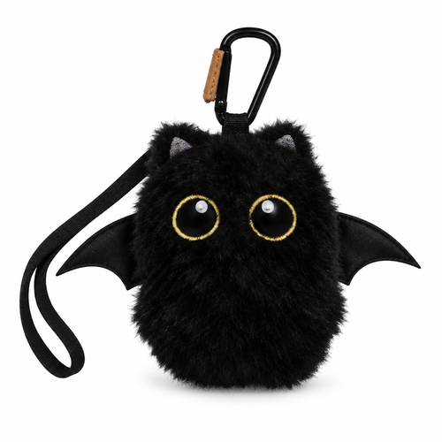 Fluffy black cat bag charm with bat wings and a black carabiner on a white background
