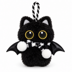 Fluffy black bat cat charm with a bow tie and white pompoms on a white background