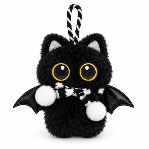 Fluffy black bat cat charm with a bow tie and white pompoms on a white background